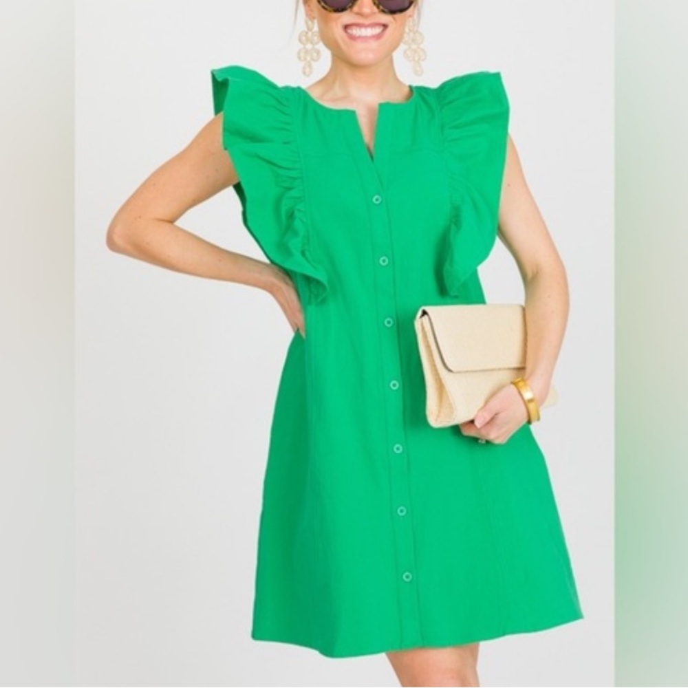 Entro Green Ruffle Sleeve mini Dress - shift dress with pockets